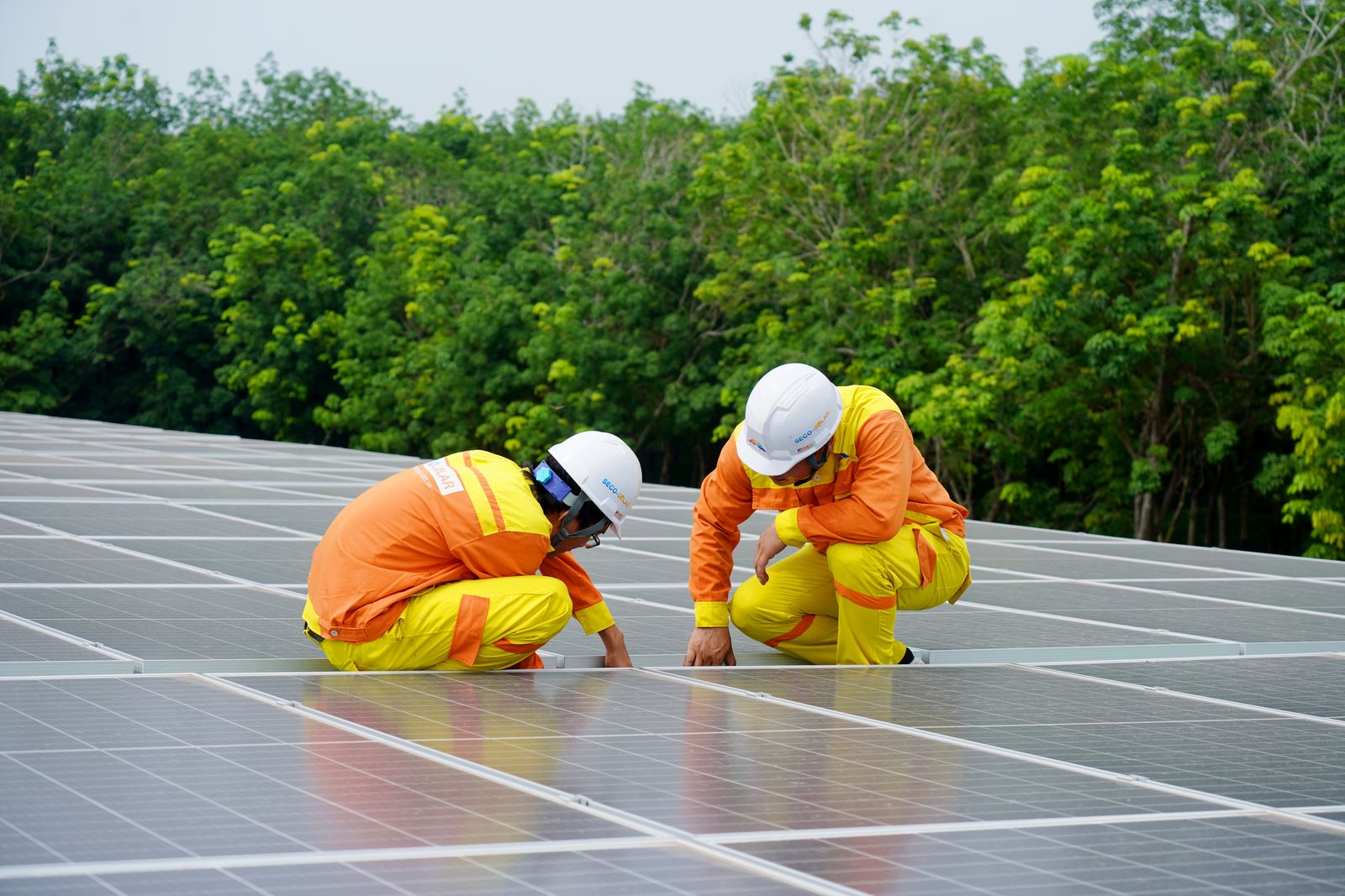 Técnicos instalando paneles solares en obra
